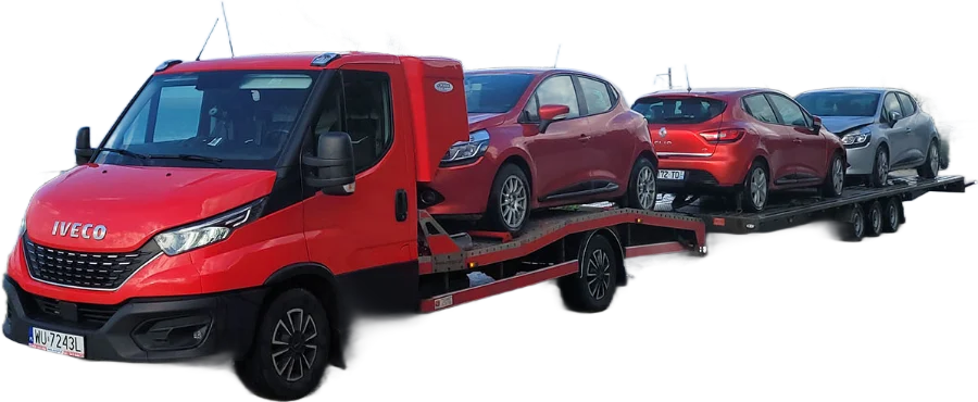 Евакуатор Варшава, червоний евакуатор з причепом і трьома авто