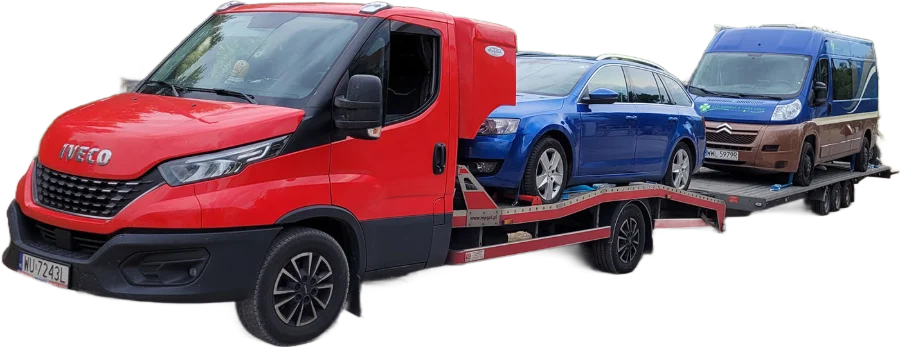 Transporter abschleppen, roter Iveco Abschleppwagen mit Auto und Transporter