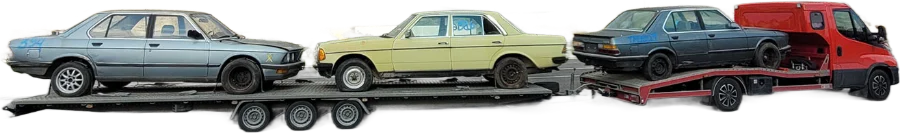 Пригін авто з-за кордону, класичні BMW і Mercedes W123 на евакуаторі з причепом у Греції